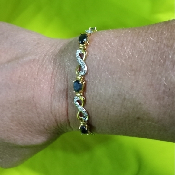 Two tone goldtone silvertone blue stone marked 925 bracelet - Picture 1 of 9